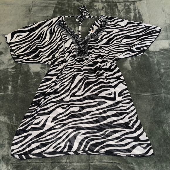 Miken Cover Up Dress Women's Large White Black Zebra Print Beaded Empire Waist - Picture 9 of 9